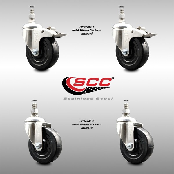 Service Caster 4 Inch 316SS Hard Rubber Swivel 10mm Threaded Stem Caster Lock Brake, 2PK SCC-SS316TSTTL20S414-HRS-M1015-2-S2 - main